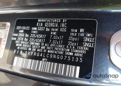 2022 Kia Sorento Lx z USA, uszkodzony, nr VIN 5XYRG4LC9NG075135